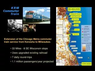 33 Miles - 8 SE Wisconsin stops Uses upgraded existing railroad 7 daily round-trips