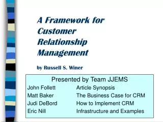 A Framework for Customer Relationship Management by Russell S. Winer