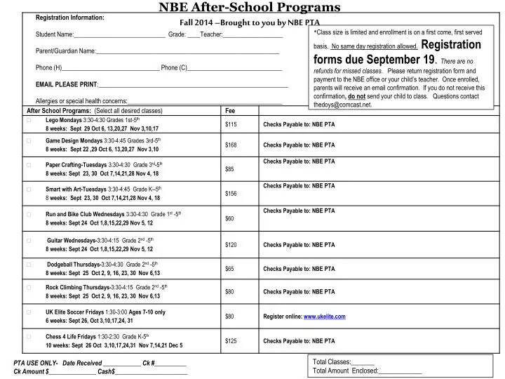 nbe after school programs fall 2014 brought to you by nbe pta