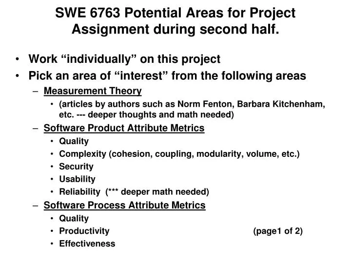 swe 6763 potential areas for project assignment during second half