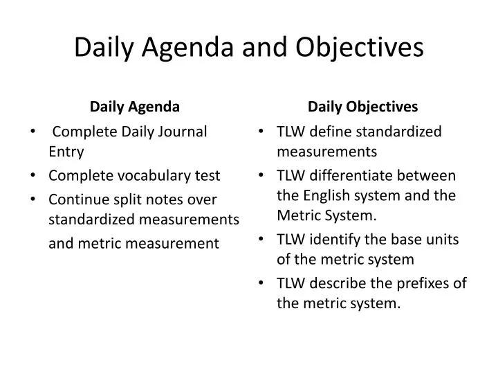 daily agenda and objectives