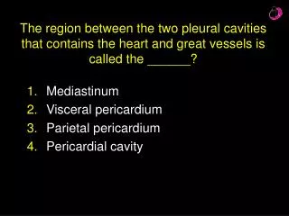 Mediastinum Visceral pericardium Parietal pericardium Pericardial cavity