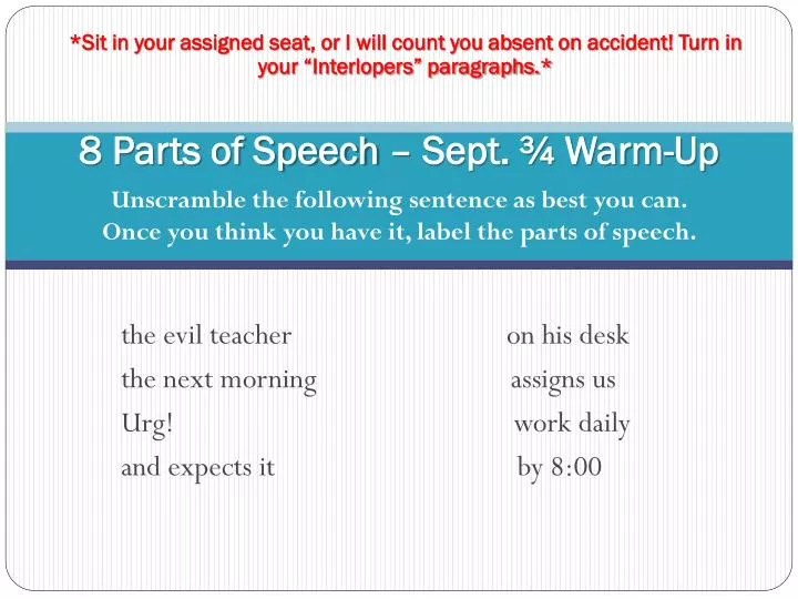 8 parts of speech sept warm up