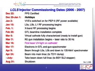 LCLS Injector Commissioning Dates (2006 - 2007)