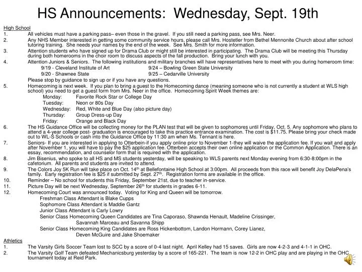 hs announcements wednesday sept 19th