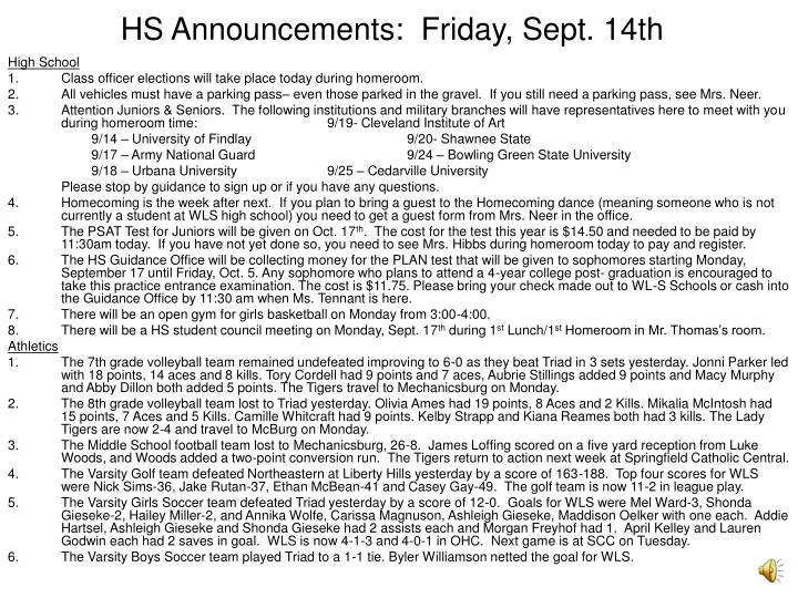hs announcements friday sept 14th