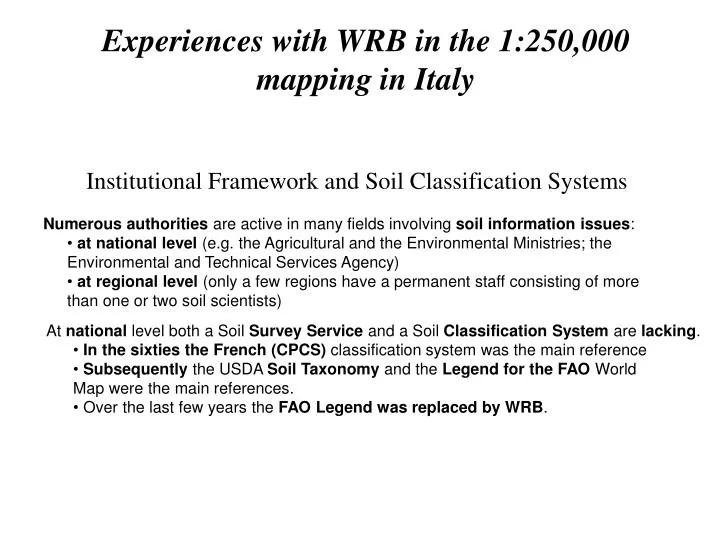 experiences with wrb in the 1 250 000 mapping in italy