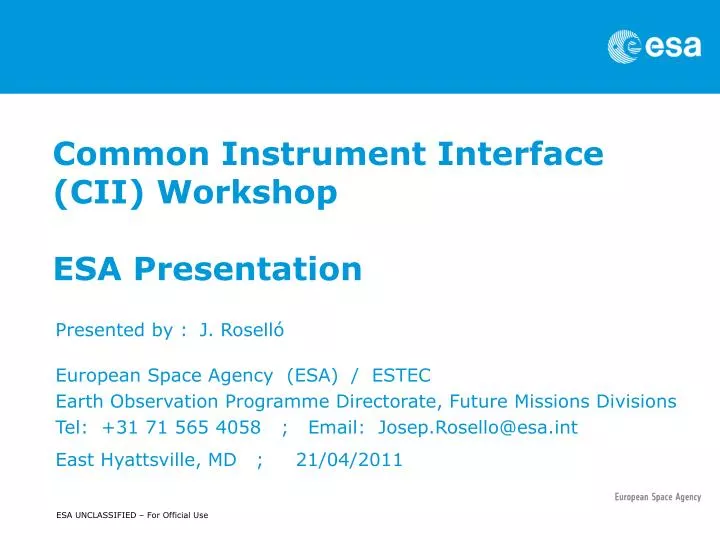 common instrument interface cii workshop esa presentation
