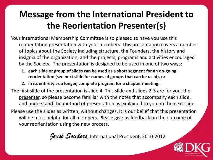 message from the international president to the reorientation presenter s