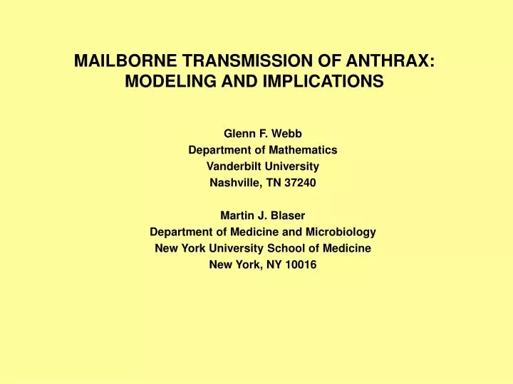 mailborne transmission of anthrax modeling and implications