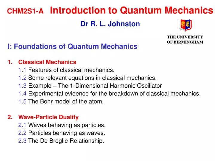 chm2s1 a introduction to quantum mechanics dr r l johnston