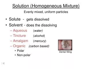 Solution (Homogeneous Mixture) Evenly mixed, uniform particles