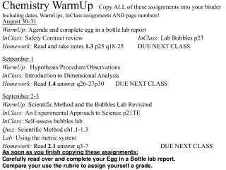 August 30-31 WarmUp: Agenda and complete egg in a bottle lab report
