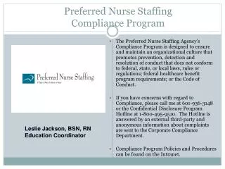 Preferred Nurse Staffing Compliance Program