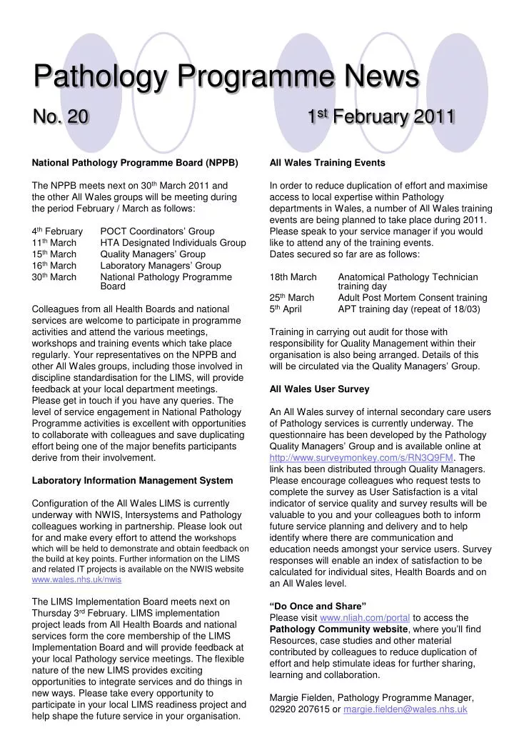 pathology programme news no 20 1 st february 2011
