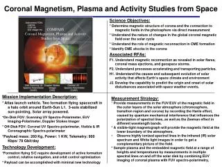Coronal Magnetism, Plasma and Activity Studies from Space