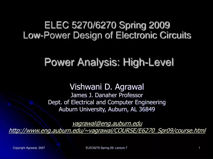 elec 5270 6270 spring 2009 low power design of electronic circuits power analysis high level