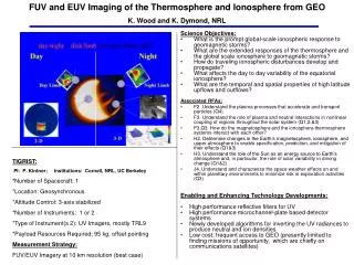 FUV and EUV Imaging of the Thermosphere and Ionosphere from GEO K. Wood and K. Dymond, NRL