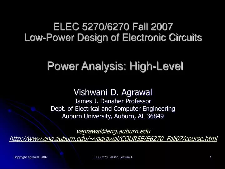 elec 5270 6270 fall 2007 low power design of electronic circuits power analysis high level