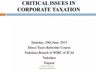 CRITICAL ISSUES IN CORPORATE TAXATION
