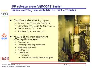 FP release from VERCORS tests: semi-volatile, low-volatile FP and actinides