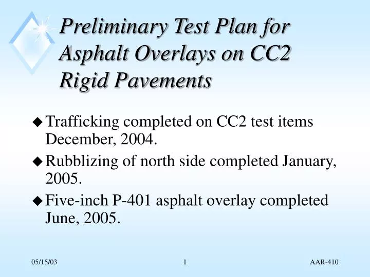 preliminary test plan for asphalt overlays on cc2 rigid pavements