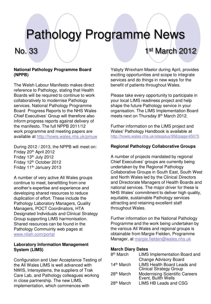 pathology programme news no 33 1 st march 2012