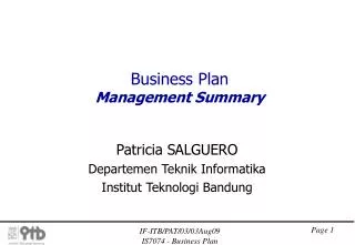 Business Plan Management Summary