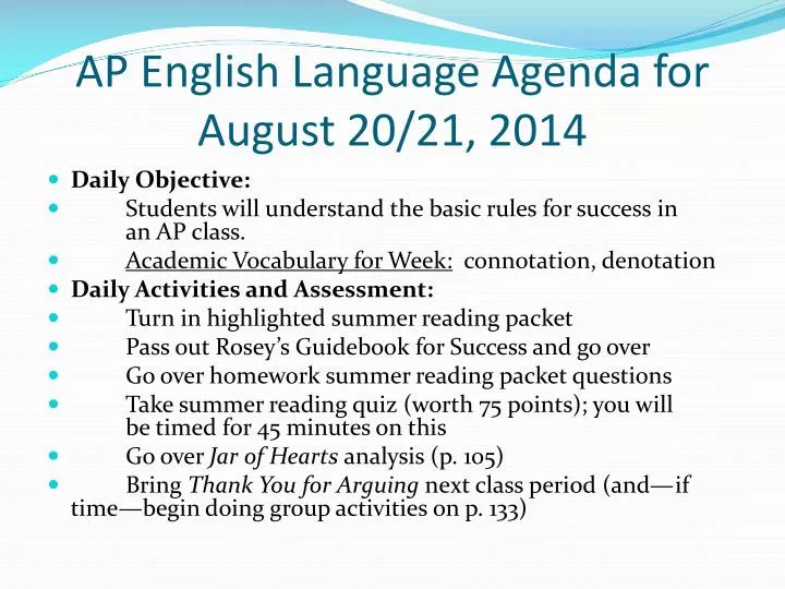ap english language agenda for august 20 21 2014