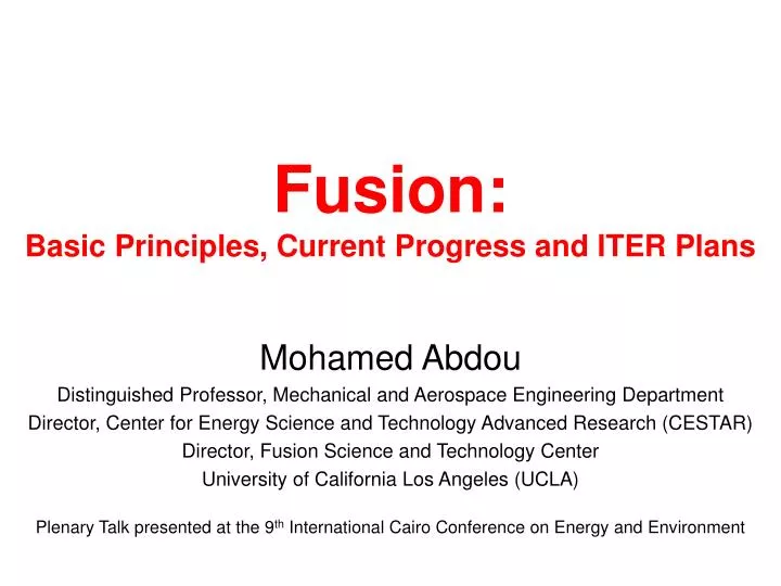 fusion basic principles current progress and iter plans