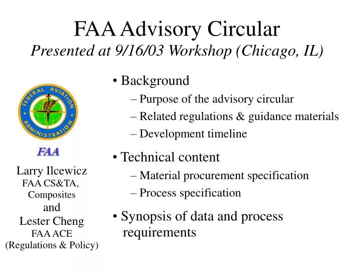 faa advisory circular presented at 9 16 03 workshop chicago il