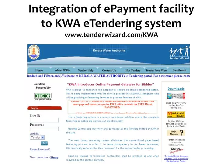 integration of epayment facility to kwa etendering system www tenderwizard com kwa