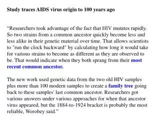Study traces AIDS virus origin to 100 years ago