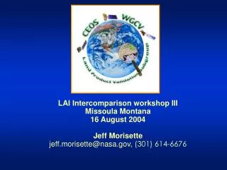 LAI Intercomparison workshop III Missoula Montana 16 August 2004 Jeff Morisette