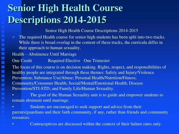 senior high health course descriptions 2014 2015