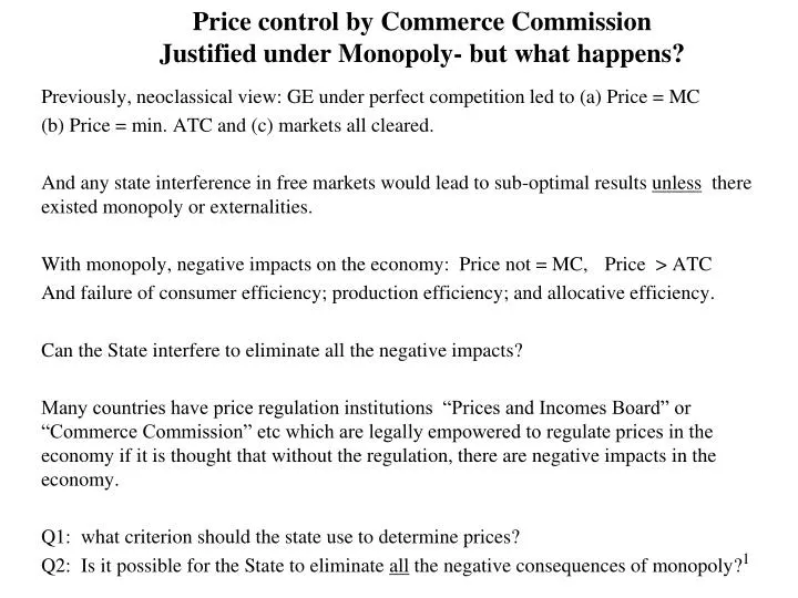 price control by commerce commission justified under monopoly but what happens