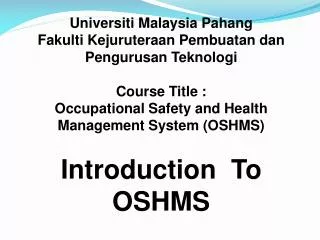 Universiti Malaysia Pahang Fakulti Kejuruteraan Pembuatan dan Pengurusan Teknologi Course Title :