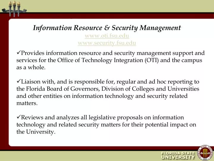 information resource security management www oti fsu edu www security fsu edu