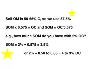 Soil OM is 50-65% C, so we use 57.5% SOM x 0.575 = OC and SOM = OC/0.575