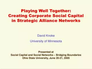 Playing Well Together: Creating Corporate Social Capital in Strategic Alliance Networks