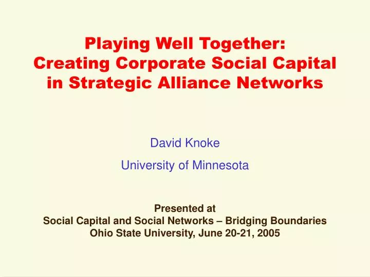 playing well together creating corporate social capital in strategic alliance networks