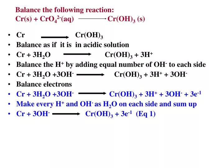 balance the following reaction cr s cro 4 2 aq cr oh 3 s