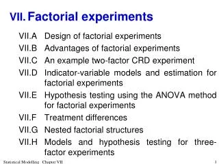 VII.	 Factorial experiments