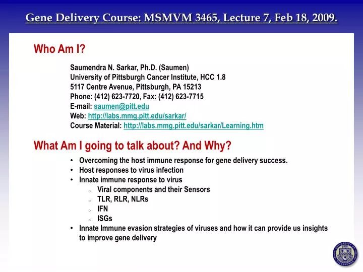gene delivery course msmvm 3465 lecture 7 feb 18 2009