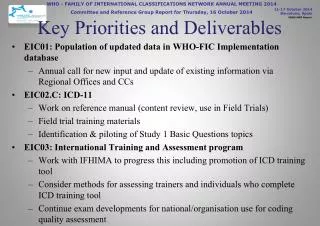 Key Priorities and Deliverables