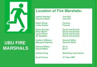 Location of Fire Marshals: James Houston 		Just Ask Suzanne Doyle 		Just Ask Helen Skuse		Finance