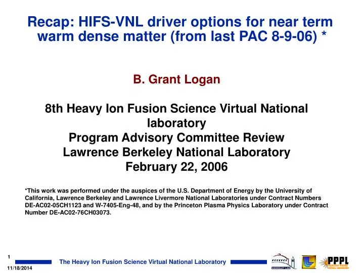 recap hifs vnl driver options for near term warm dense matter from last pac 8 9 06