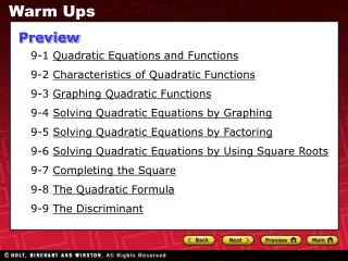 9-1 Quadratic Equations and Functions 9-2 Characteristics of Quadratic Functions