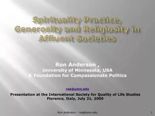 Spirituality Practice, Generosity and Religiosity in Affluent Societies
