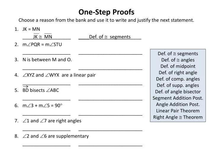 one step proofs c hoose a reason from the bank and use it to write and justify the next statement